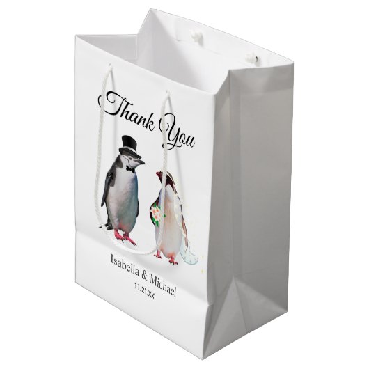 Elegant Penguin Couple Dank je huwelijk Medium Cadeauzakje (Voorkant Gekanteld)