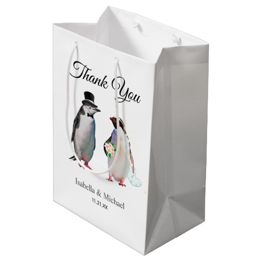 Elegant Penguin Couple Dank je huwelijk Medium Cadeauzakje (Achterkant Gekanteld)