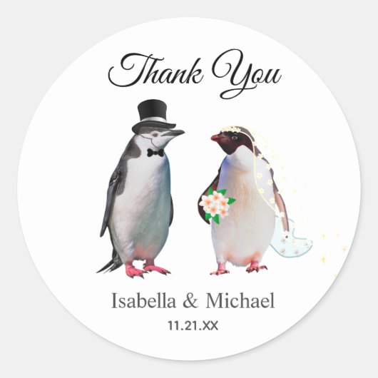 Elegant Penguin Couple Dank je huwelijk Ronde Sticker (Voorkant)
