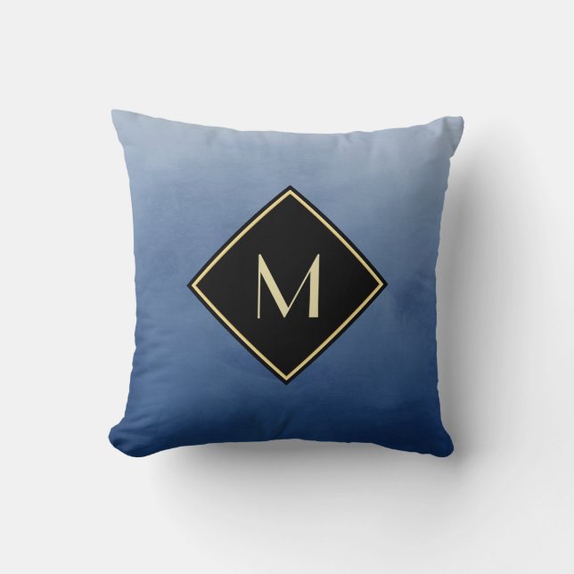 Elegant penseel blauw met eenvoudig goudmonogram kussen (Voorkant)