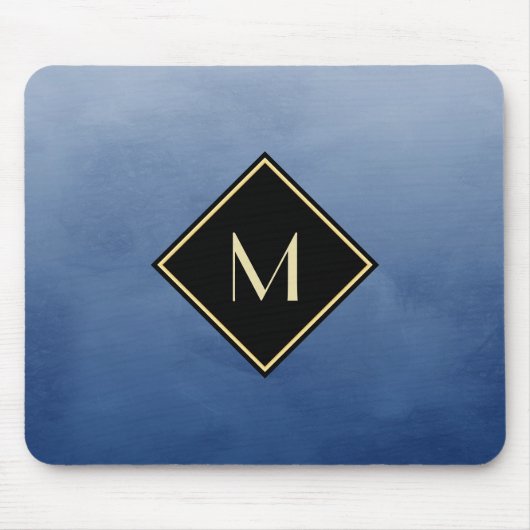 Elegant penseel blauw met eenvoudig goudmonogram muismat (Voorkant)