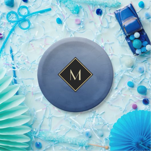 Elegant penseel blauw met eenvoudig goudmonogram papieren bordje (Feest)