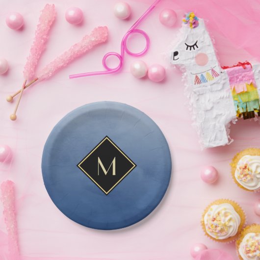 Elegant penseel blauw met eenvoudig goudmonogram papieren bordje (Feest)