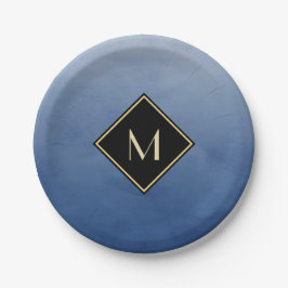 Elegant penseel blauw met eenvoudig goudmonogram papieren bordje
