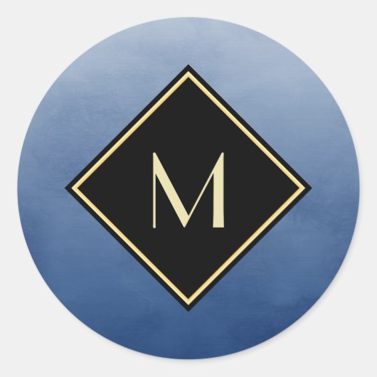 Elegant penseel blauw met eenvoudig goudmonogram ronde sticker (Voorkant)
