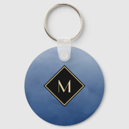 Elegant penseel blauw met eenvoudig goudmonogram sleutelhanger