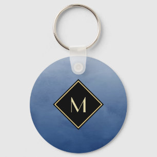 Elegant penseel blauw met eenvoudig goudmonogram sleutelhanger