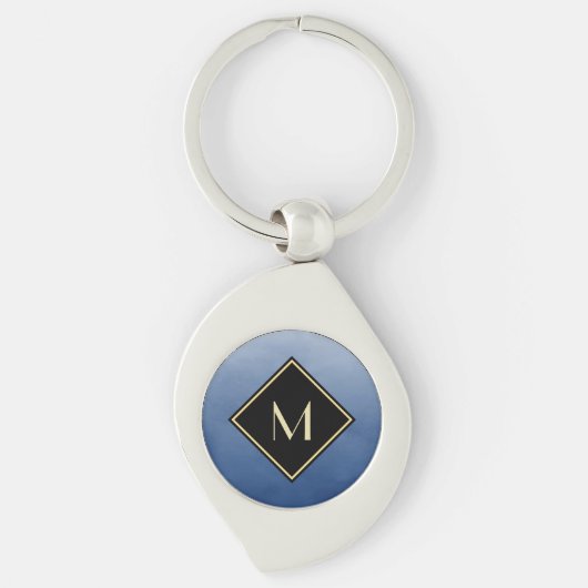 Elegant penseel blauw met eenvoudig goudmonogram sleutelhanger (Voorkant)