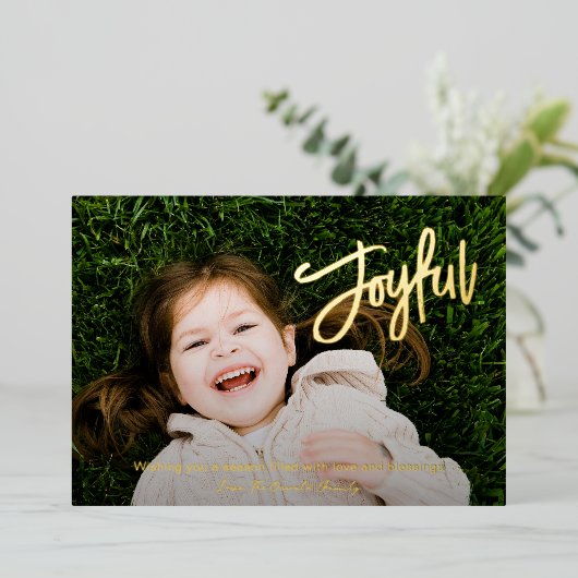 Elegant penseelscript Vrolijke foto Moderne kerst Folie Feestdagenkaart (Staand Voorkant)