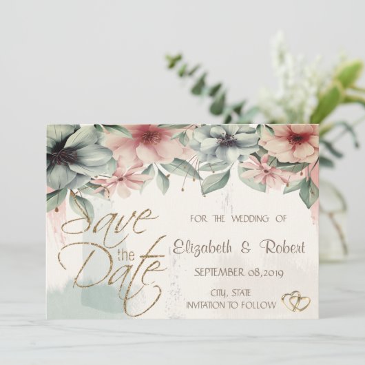 Elegant penseelstreek, Floral slaat de datum op Save The Date (Staand voorkant)