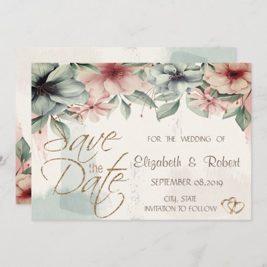 Elegant penseelstreek, Floral slaat de datum op Save The Date (Voorkant / Achterkant)
