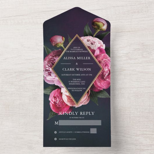 Elegant Peonies Gold Lijst Modern Weddenschap All In One Uitnodiging (Binnen)
