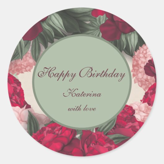 Elegant Peonies Happy Birthday Ronde Sticker (Voorkant)