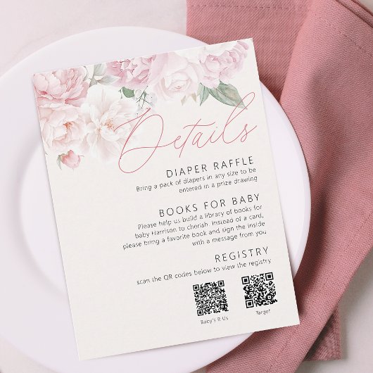 Elegant Peonies Meisje Baby shower Details 2 QR Co Informatiekaartje