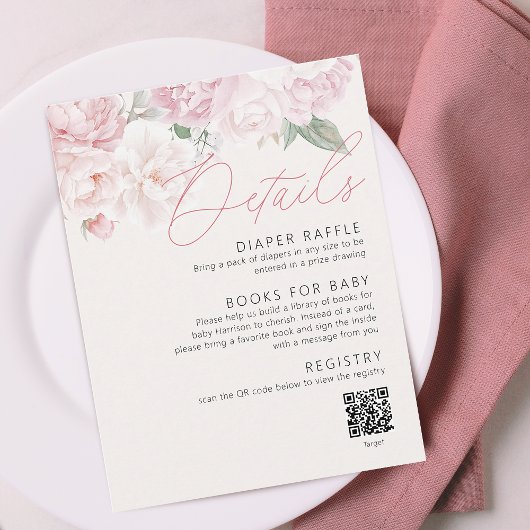 Elegant Peonies Meisje Baby shower Details QR Code Informatiekaartje