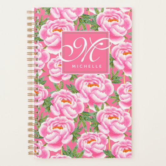 Elegant Peonies Pattern - Hot Pink, Monogramed Planner (Voorkant)