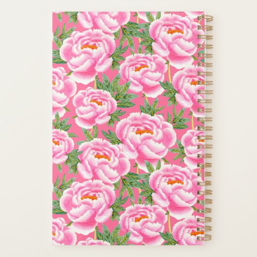 Elegant Peonies Pattern - Hot Pink, Monogramed Planner (Achterkant)