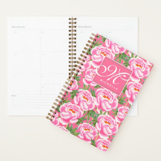 Elegant Peonies Pattern - Hot Pink, Monogramed Planner (Display)