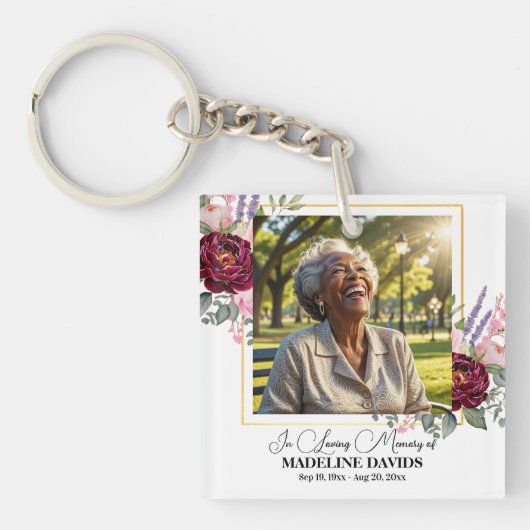 Elegant Peonies Photo Funeral Keepsake  Sleutelhanger (voorkant)