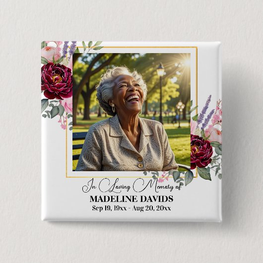 Elegant Peonies Photo Funeral Keepsake  Vierkante Button 5,1 Cm (Voorkant)