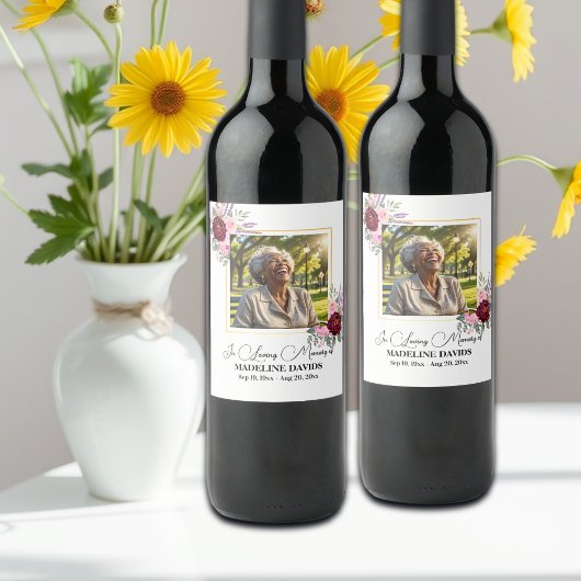 Elegant Peonies Photo Funeral Wijn Etiket