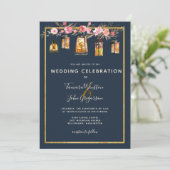 Elegant Peonies Rustic Lantern marine Coral Weddin Kaart (Staand voorkant)