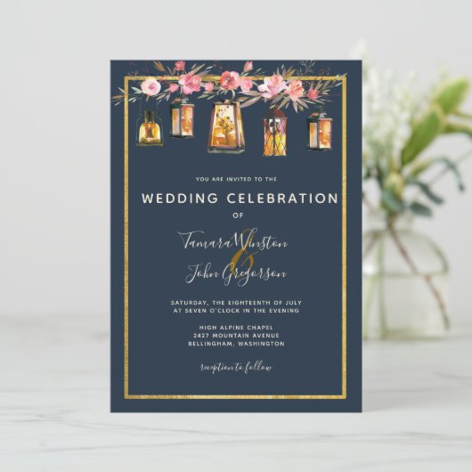 Elegant Peonies Rustic Lantern marine Coral Weddin Kaart (Staand voorkant)