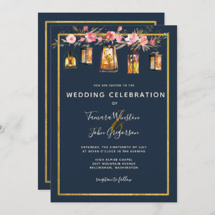 Elegant Peonies Rustic Lantern marine Coral Weddin Kaart