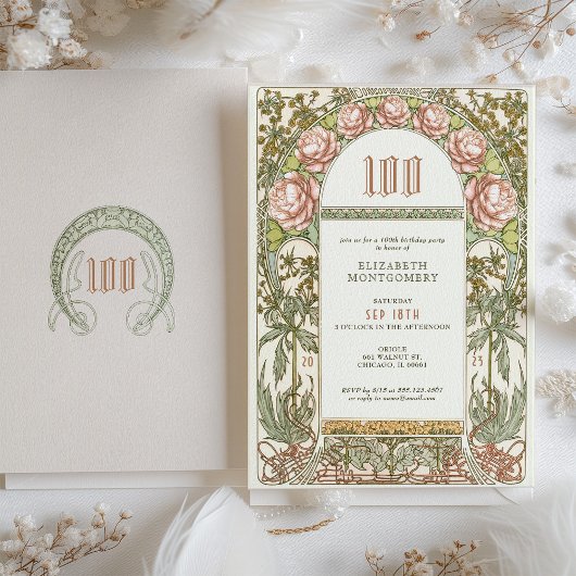 Elegant Peony 100 Celebration Art Nouveau Mucha Kaart