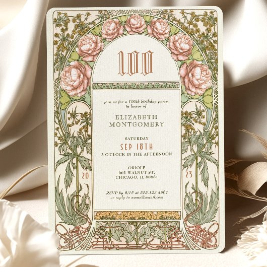 Elegant Peony 100 Celebration Art Nouveau Mucha Kaart