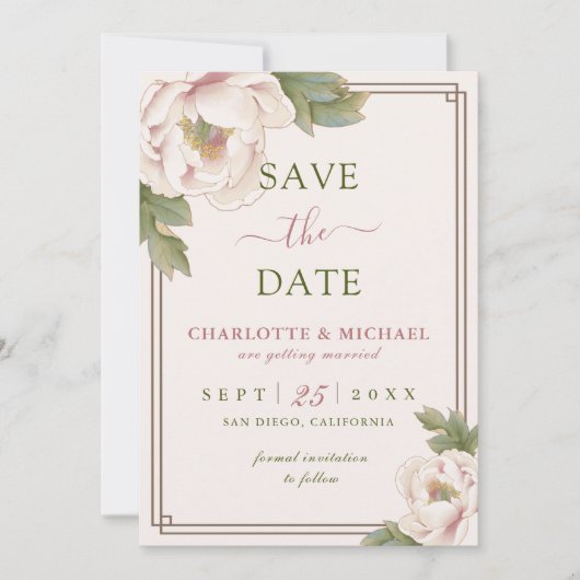 Elegant Peony Blush Pink Wedding Save the Date (Voorkant)