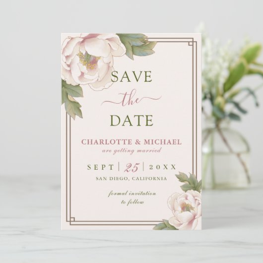Elegant Peony Blush Pink Wedding Save the Date (Staand voorkant)