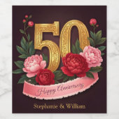 Elegant Peony Bouquet 50ste bruiloft Jubileum Wijn Etiket (Enkel label)
