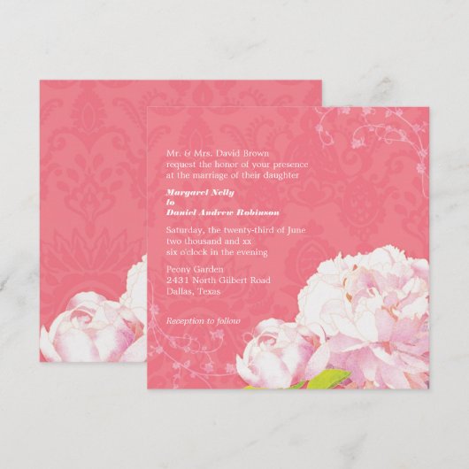 Elegant Peony Coral Pink Wedding Kaart (Voorkant / Achterkant)