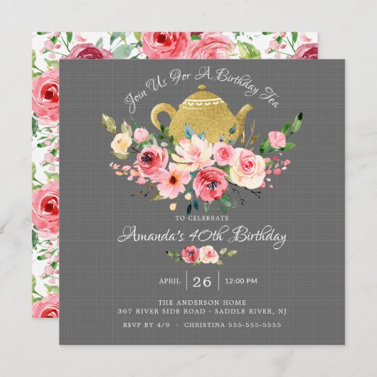 Elegant Peony Floral Birthday Tea Invitation Kaart (Voorkant / Achterkant)