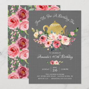 Elegant Peony Floral Birthday Tea Invitation Kaart