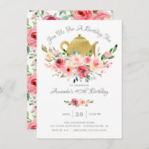 Elegant Peony Floral Birthday Tea Invitation Kaart