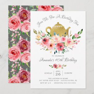 Elegant Peony Floral Birthday Tea Invitation Kaart