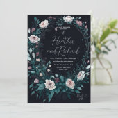 Elegant Peony Floral Foliage Wreath Wedding Kaart (Staand voorkant)