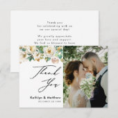 Elegant Peony Floral Greenery Script Photo Weddens Bedankkaart (Voorkant / Achterkant)