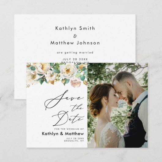 Elegant Peony Floral Greenery Script Photo Weddens Save The Date (Voorkant / Achterkant)