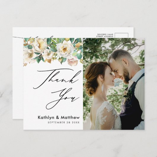 Elegant Peony Floral Greenery Wedding Bedankt Briefkaart (Voorkant / Achterkant)