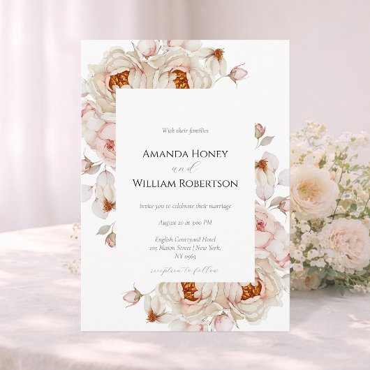 Elegant Peony Garden Wedding Invitation Kaart