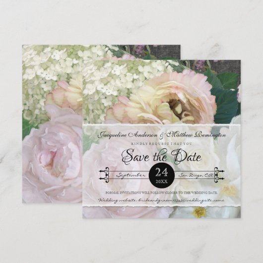 Elegant Peony Hydrangea Blush Pink Floral Art Save The Date (Voorkant / Achterkant)