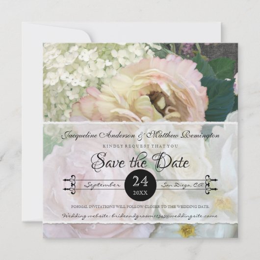 Elegant Peony Hydrangea Blush Pink Floral Art Save The Date (Voorkant)
