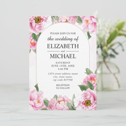 Elegant Peony Minimalist Chic Wedding Uitnodiging (Staand voorkant)