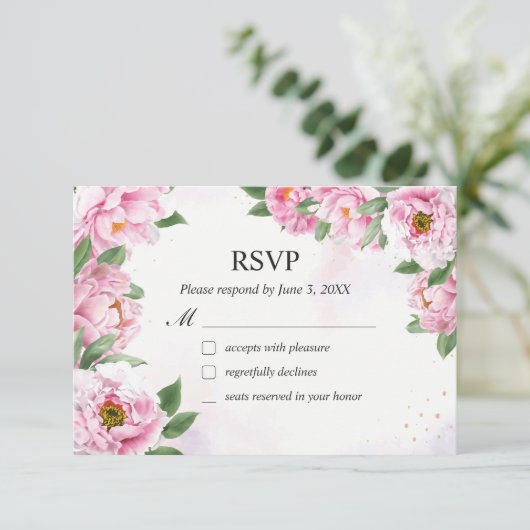Elegant Peony Minimalist Wedding RSVP Kaart (Staand voorkant)