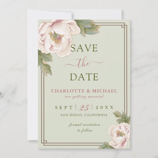 Elegant Peony Sage en Blush Wedding Save the Date (Voorkant)