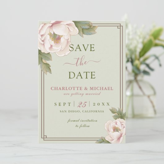 Elegant Peony Sage en Blush Wedding Save the Date (Staand voorkant)
