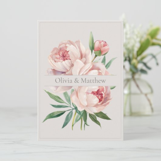 Elegant Peony Wedding Invitation with QR Code Kaart (Staand voorkant)